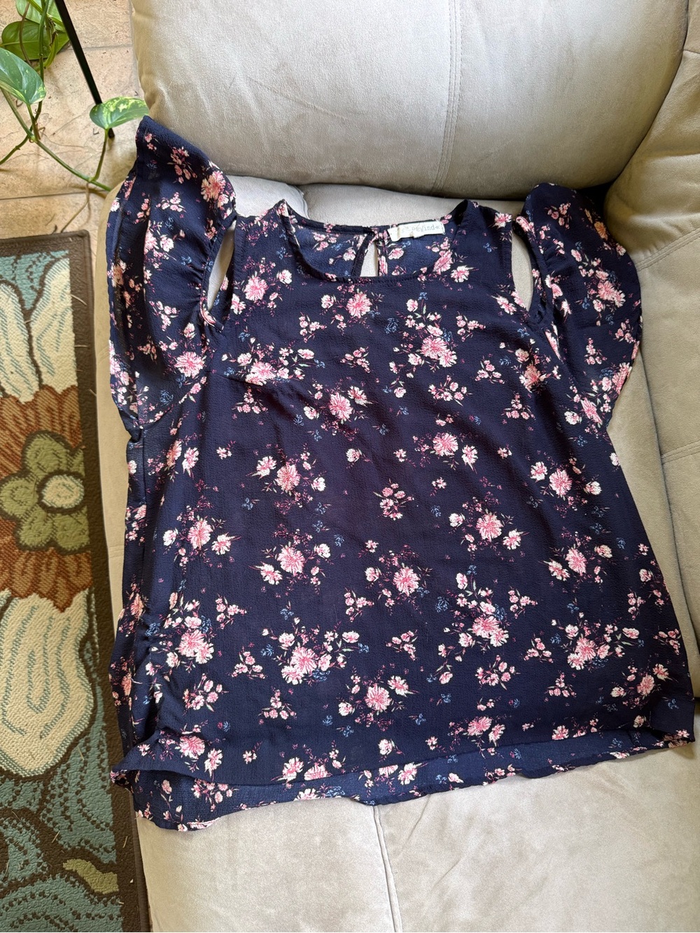 Rewind Navy Top with Pink Floral Cutout Sleeves